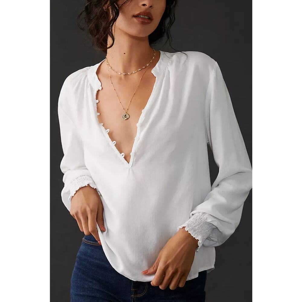 3467) Anthropologie Cloth & Stone White Long Sleeve Splitneck Henley Shirt XS